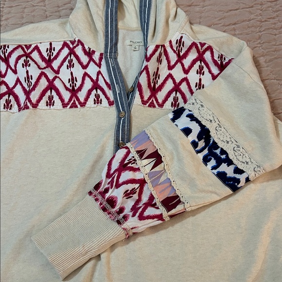 Anthropologie Pilcro Button Front Pullover Hooded Printed Cream sweatshirt - Picture 7 of 8